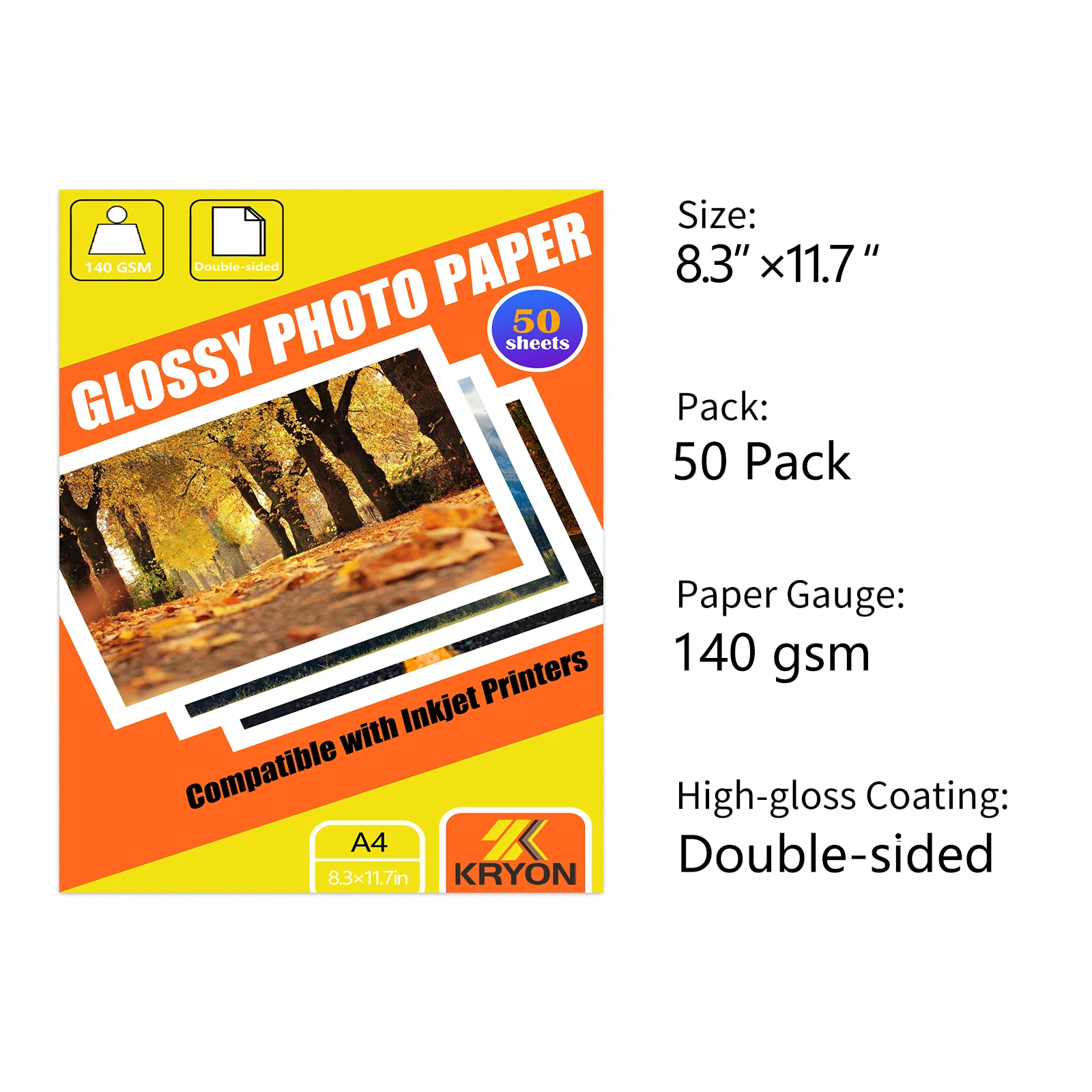 KRYON dubbelzijdig glanzend fotopapier 50 vellen 8,3 x 11,7 inch 140 GSM voor inkjetprinters, foto's, kalenders en ambachten