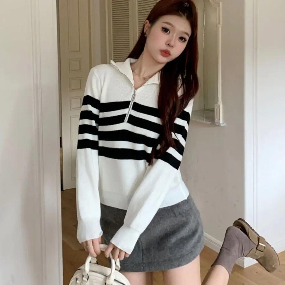 

Leisure Long Sleeve Knit Stripe Sweater Slim Fit Zipper Knitted Crop Top Soft Autumn Winter Crochet Knitwear Autumn Spring