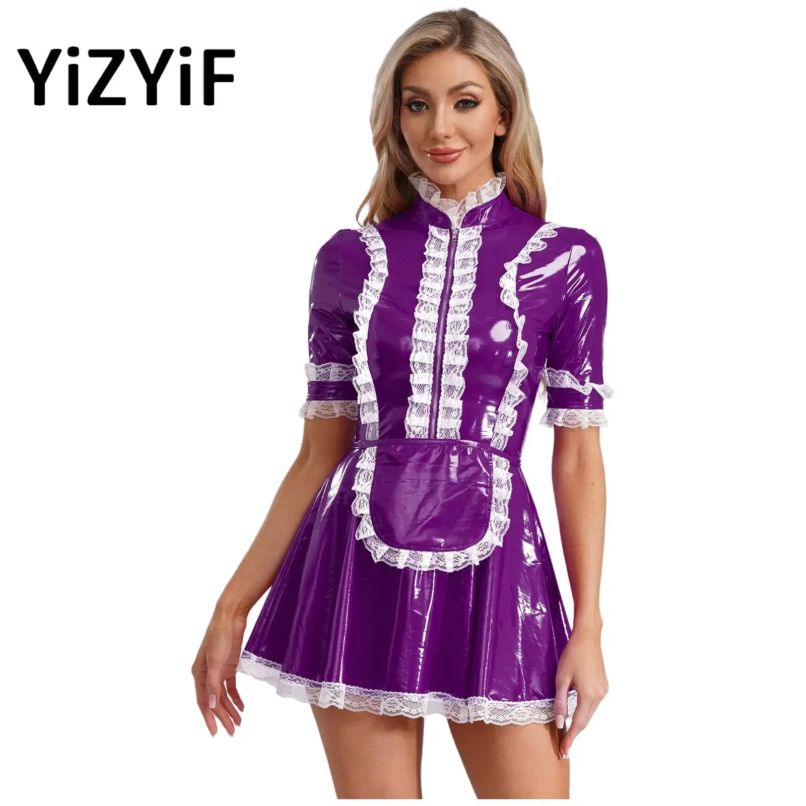 

Women Maid Role Play Uniform PVC Leather Maid Cosplay Costume Short Sleeve Lace Trim Dress with Apron Cosplay Costume