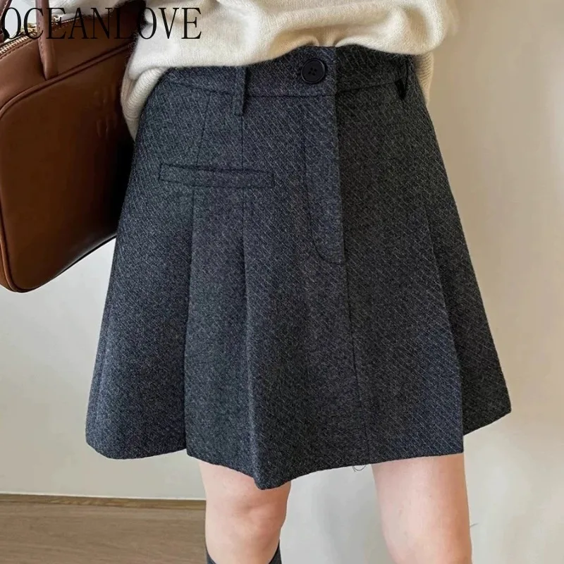 

OCEANLOVE Woolen Skirts Women Preppy Style A-line Vintage Elegant Faldas Mujer Korean Fashion Pleated Sweet Mini Skirt