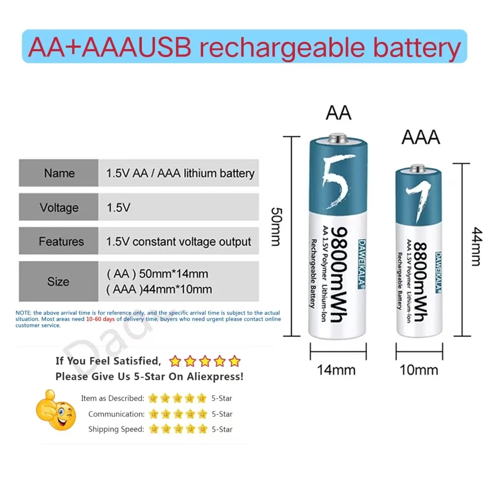 Rechargeable lithium ion polymer AA/AAA battery, remote control AA/AAA battery, mouse, small fan, electric toy, 1.5V