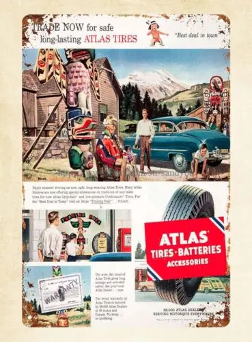 bar ideas 1952 Ad Atlas Tires Batteries Travel home decor Trading tin sign