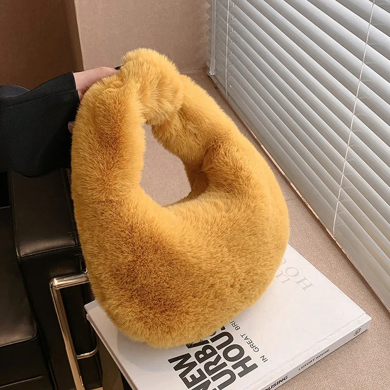 Solid Color Plush Dumpling Bag Simple Style Niche Design Faux Fur Handbag Tote Small Women's Underarm Hobo Bag
