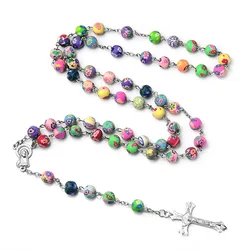 Multicolor Polymer Clay Beads Rosary Cross Necklace For Women INRI Crucifix Pendant Fimo Chain Female Religion Jewelry