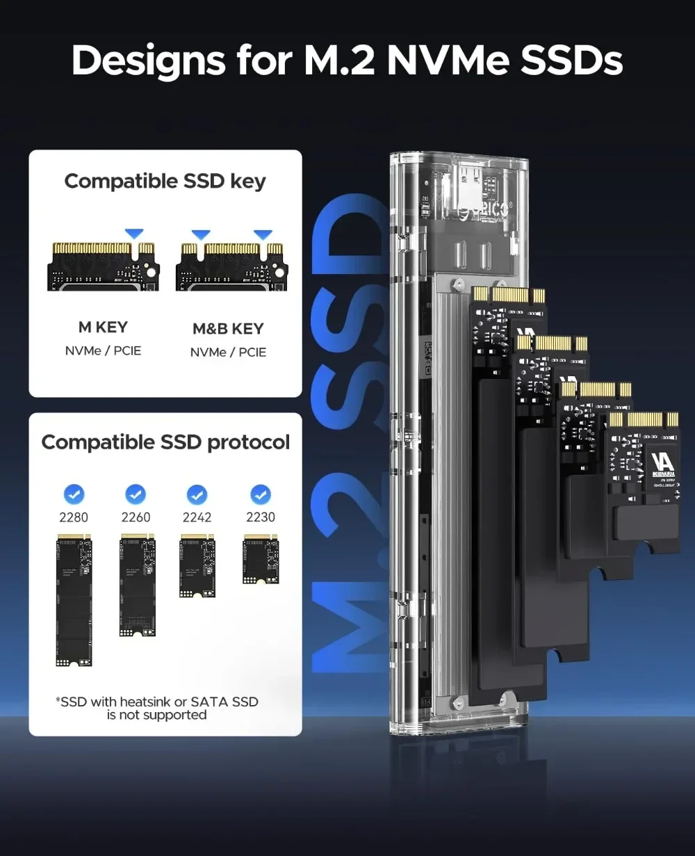 ORICO M.2 NVMe SATA SSD adaptador de carcasa 10Gbps sin herramientas transparente carcasa de disco duro externo M.2 SSD para caja de PC