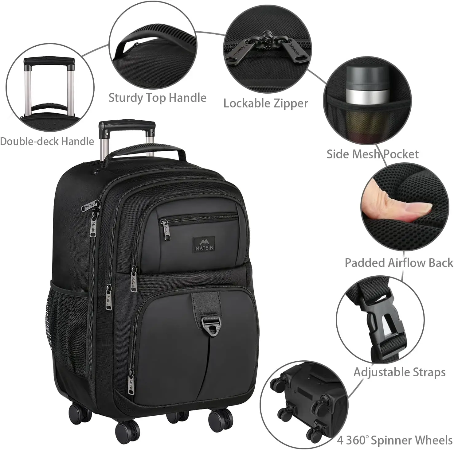 Mochila con Ruedas para Portátil de 17 Pulgadas, Resistente al Agua, con Múltiples Compartimentos, Negra