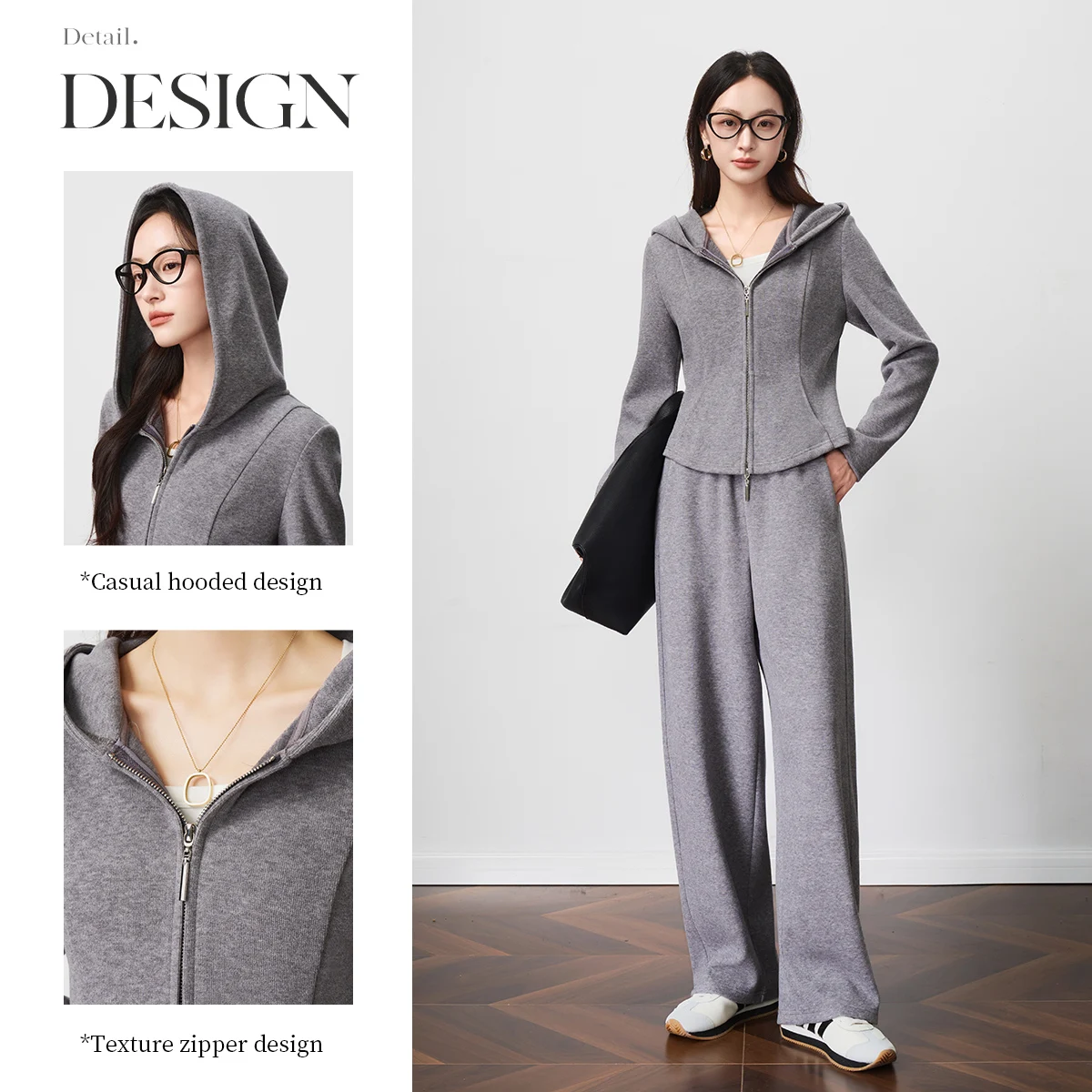 OLrain Women 2026 Autumn Two Piece Pants Set Hooded Knit Short Coat Elastic Waist Long Pants Daily Commute Outfit O57QE001023