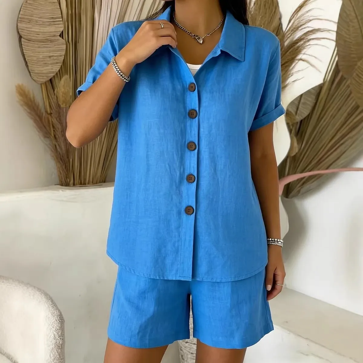 

Holiday Outfits Woman Shorts Linen Blend Button Up Short Pants Bright Blue Matching Set Summer Shorts Two Piece Casual Shorts