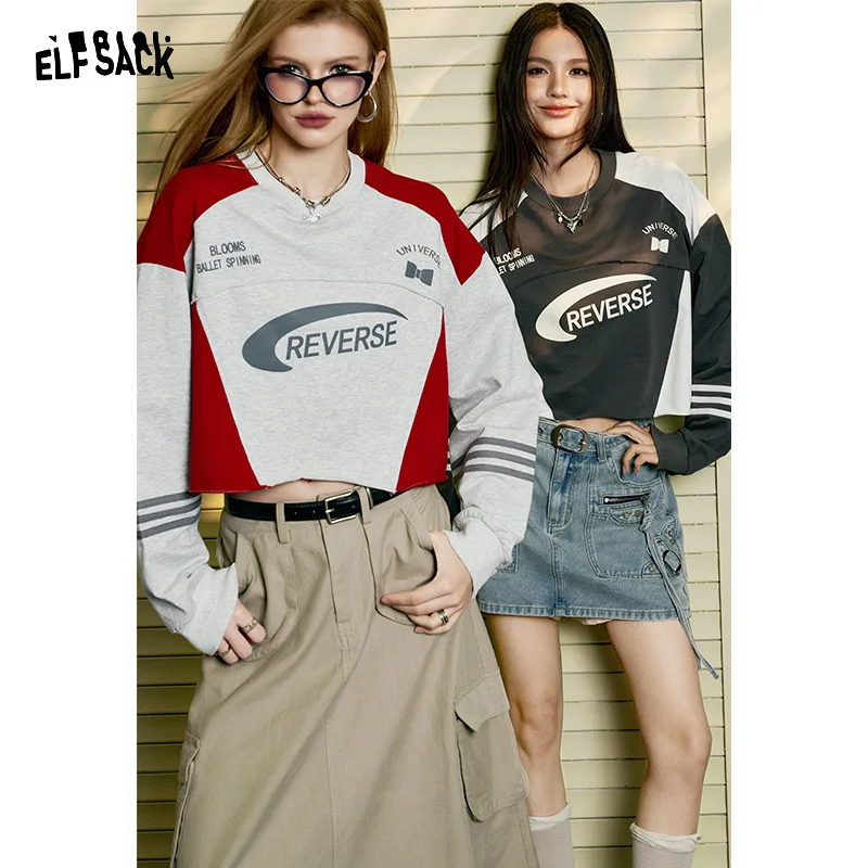 ELFSACK Anerican style color block long sleeve pullover T-shirt alphabet printing crew neck loose cropped top street style fashi