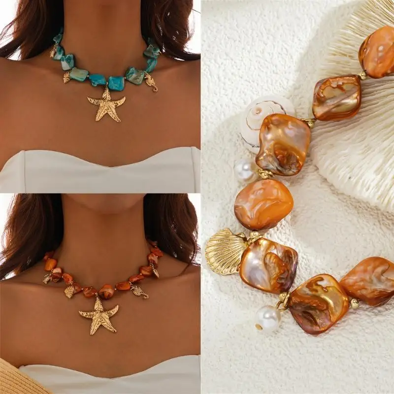 

Shell Choker Necklace with Pearls Irregular Starfishs Pendant Necklaces for Women Bohemian Beach Jewelry Mermaids Costume