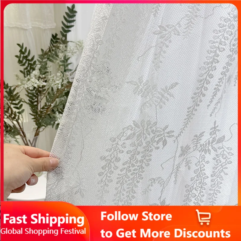 American Country Style Lace Trim Window Screen Sunshade New Custom Size Spring Silk Warp Knitted Wisteria Flower Curtain Decor