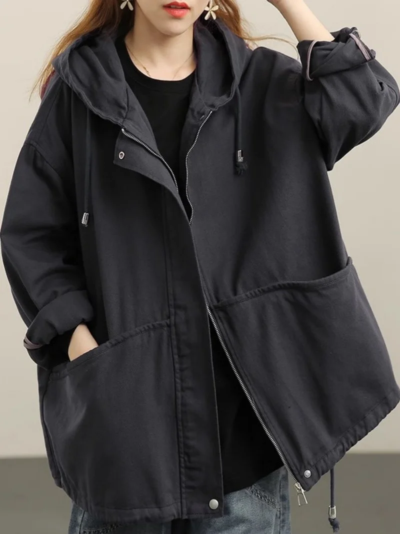2025 Autumn Windbreaker Women's Oversized Drawstring Irregular Korean Style Loose Hooded Windproof Versatile Fashion Jacket w604