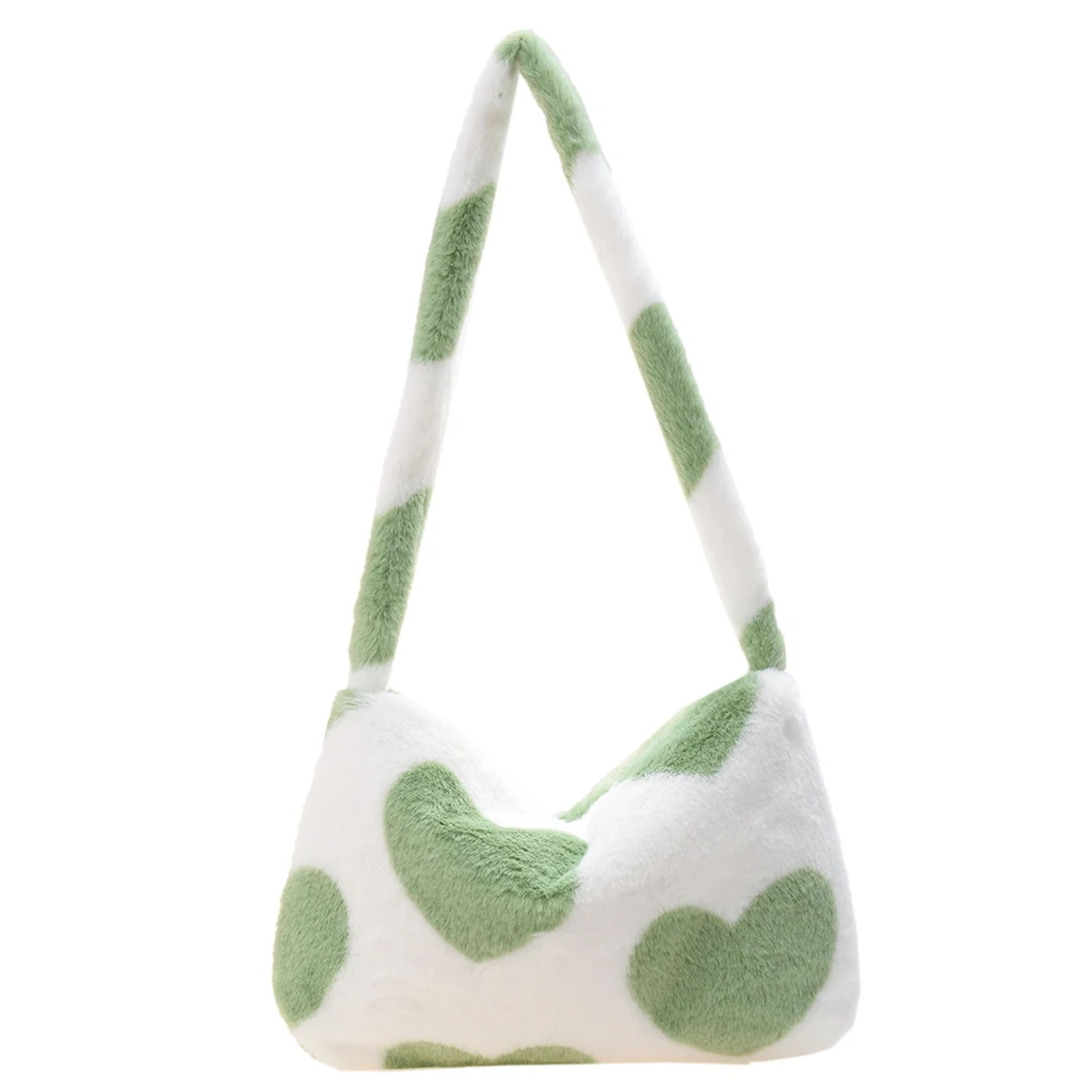 

Green love Armpit Bag Plush Shopping Shoulder Bags Cute Fashion Flower Pattern Women Plush Handbag for Autumn Winter