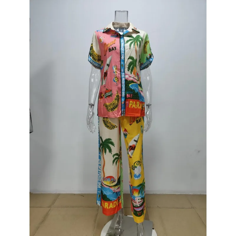 طويلة الأكمام طويلة بانت مجموعات النساء الرجعية التلبيب واحدة الصدر البلوزات بنطلون 2 قطعة مجموعة مطبوعة اللون حجب مرونة الخصر