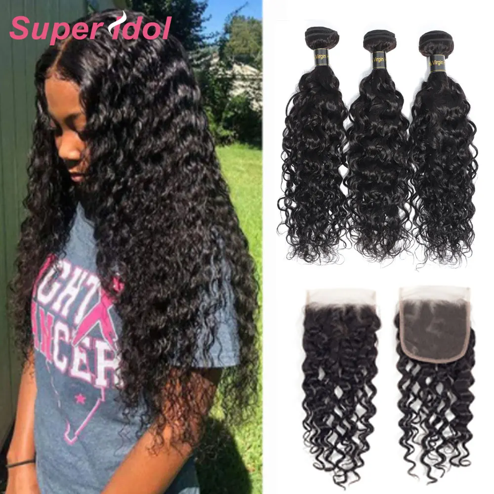 

Water Wave Bundles With Closure Brazilian Hair Weave 3 Bundles Wet And Wavy Human Hair Bundles With Closure Remy Hair Extensions