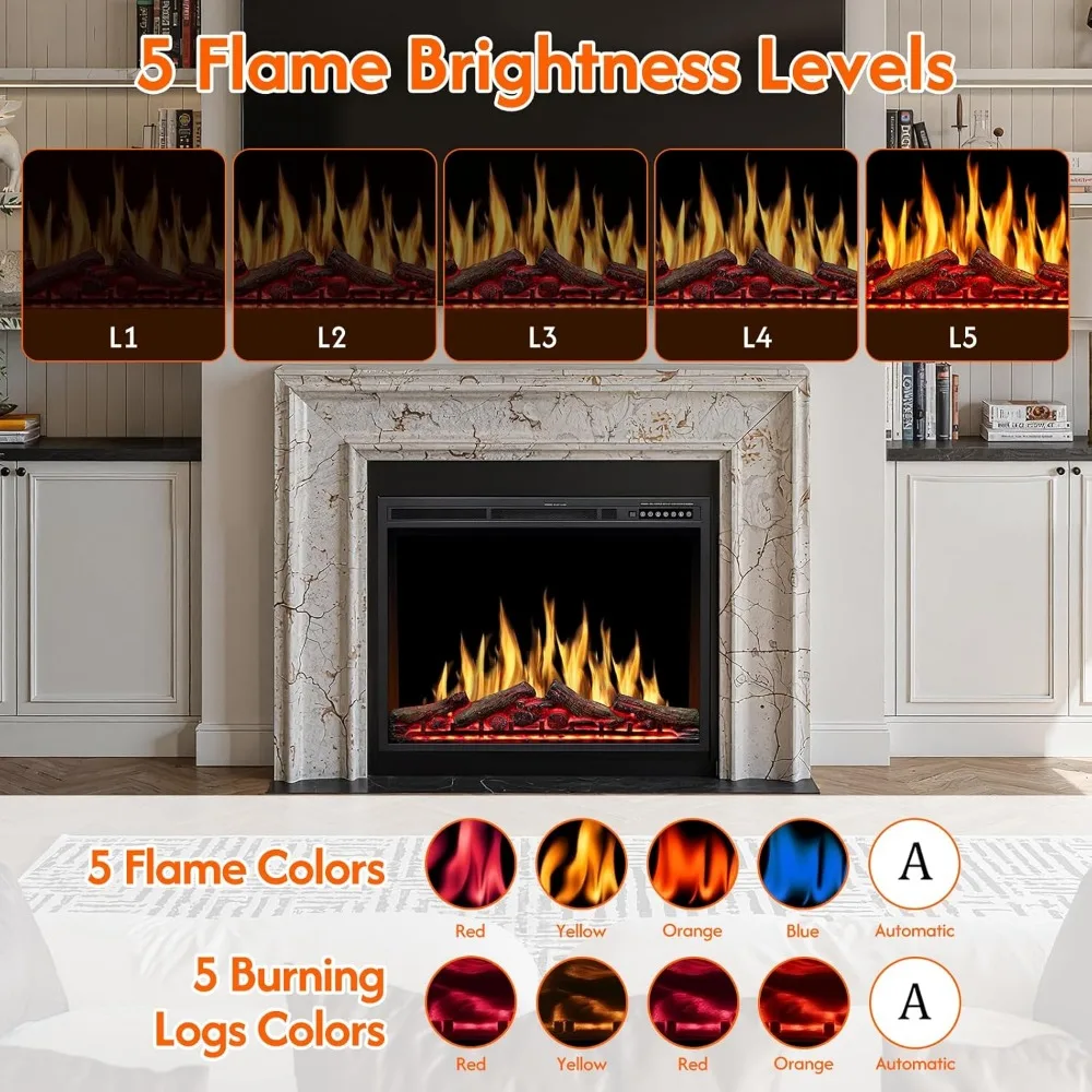 ZAFRO 34-Inch Electric Fireplace Insert: Touch Screen, Realistic Flame, Firewood Look, Heater with Remote Control, Auto On/Off F