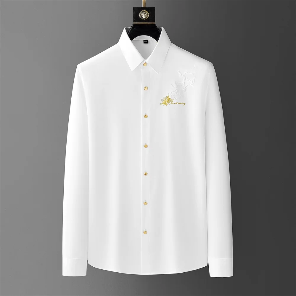 2024 Spring Embroidered Shirt for Men High Quality Seamless Elastic Casual Shirt Business Dress Shirt Social Party Tuxedo Blouse