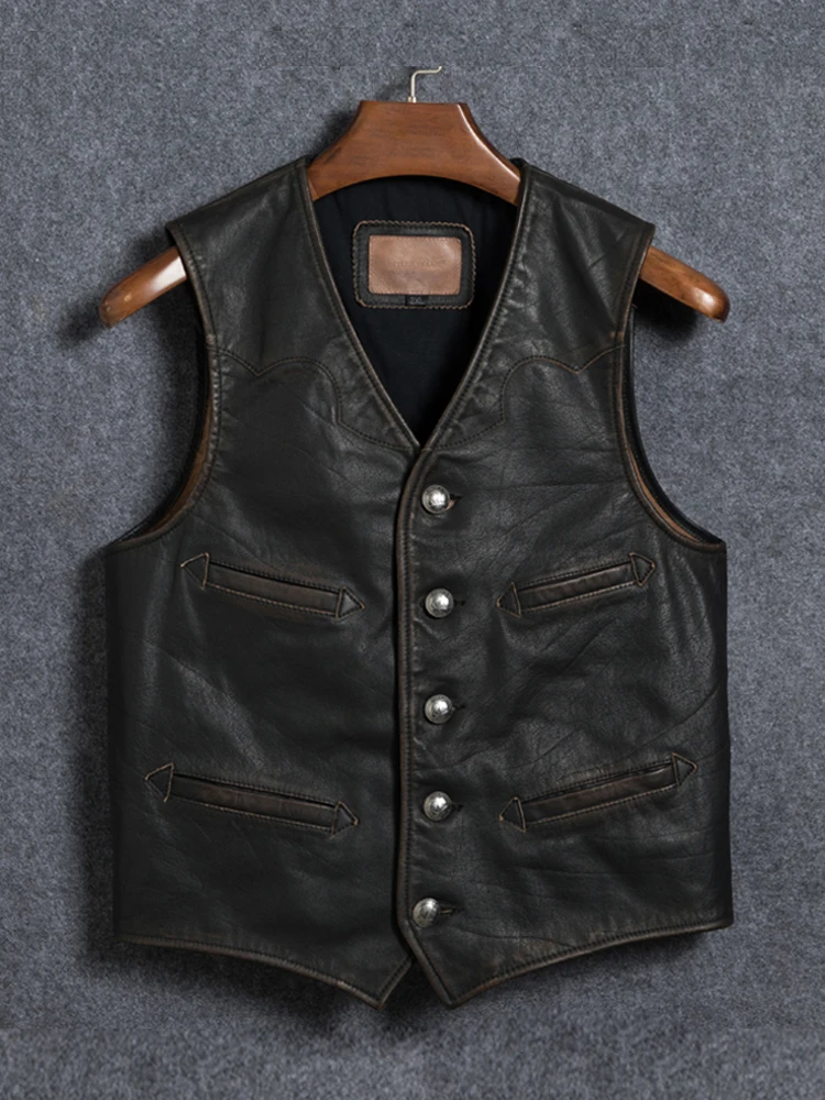 

YR!Free shipping.Vintage Japan style vest.high quality tea core cowhide vest.Plus classic men genuine leather coat.gentleman