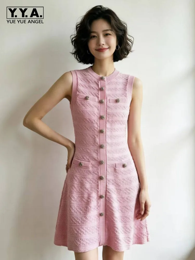 

Summer Sweet Women Slim Fit A Line Dress Sleeveless O Neck Single Breasted Pullover Short Dresses Office Ladies Knitted Dress