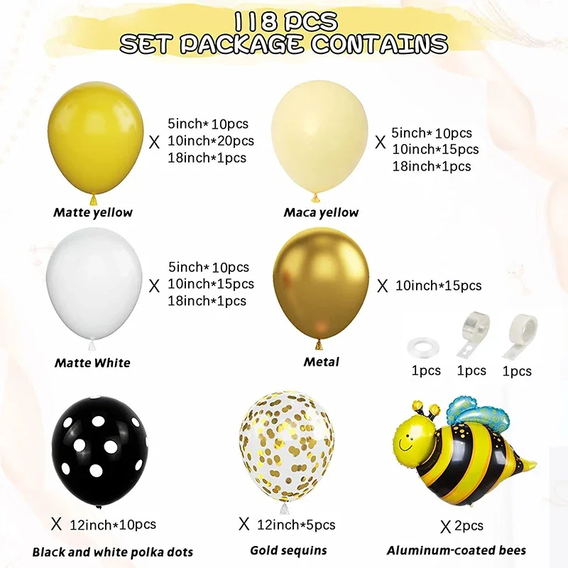 118pcs Autumn Fall Bee Yellow Latex Balloons Garland Arch Kit Anniversaire Baby Boy Girl Happy Birthday Party Baptism Globos