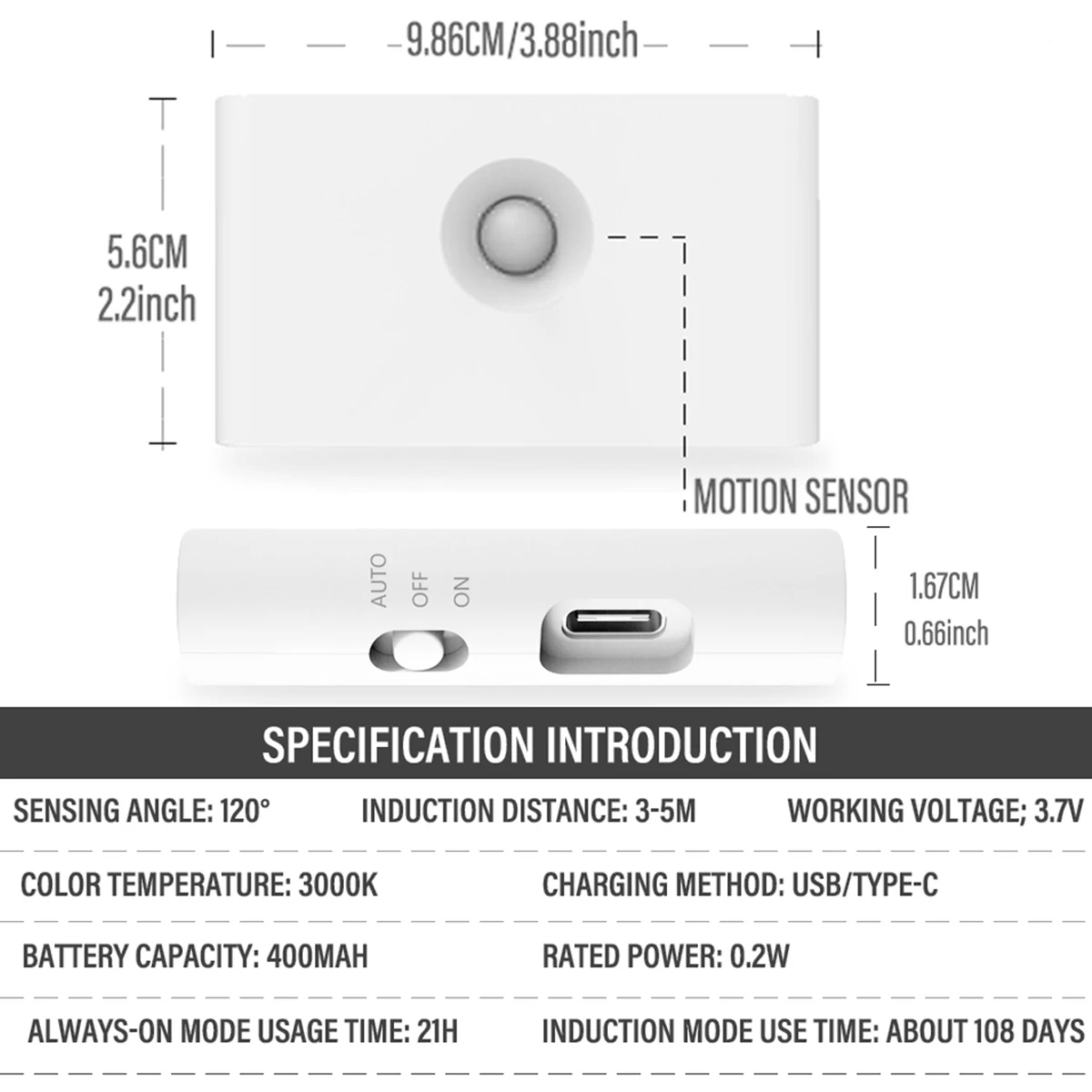 Motion Sensor Light Intelligent Led Induction Nightlight Type-C Rechargeable Human Sensor Lamp 400Mah Magnetic Light Corridor