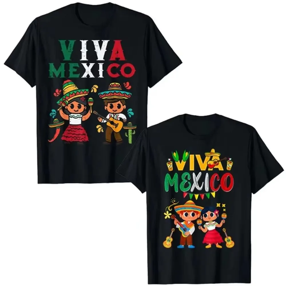 Camiseta Viva México para Hombre y Mujer, con Estampado de Maracas y Guitarra, Diseño Vintage con la Bandera de México, Ropa Familiar a Juego