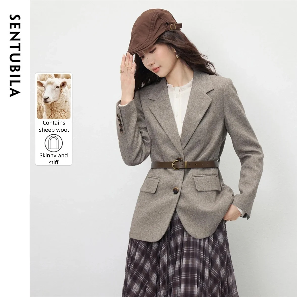 

SENTUBILA Women's Blazer Coat Autumn 2025 New Contrast Color Detachable Belt Office Commuter Fashion Elegant Outerwear 154XA3830