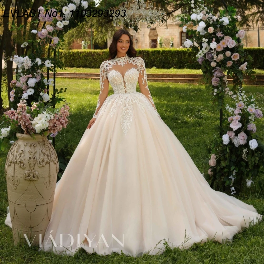 

EVLAST Customized 2026 A Line Wedding Dress High Neck Lace Applique Long Sleeve Crystal Beaded Bridal Gown Robe De Mariee TBD97