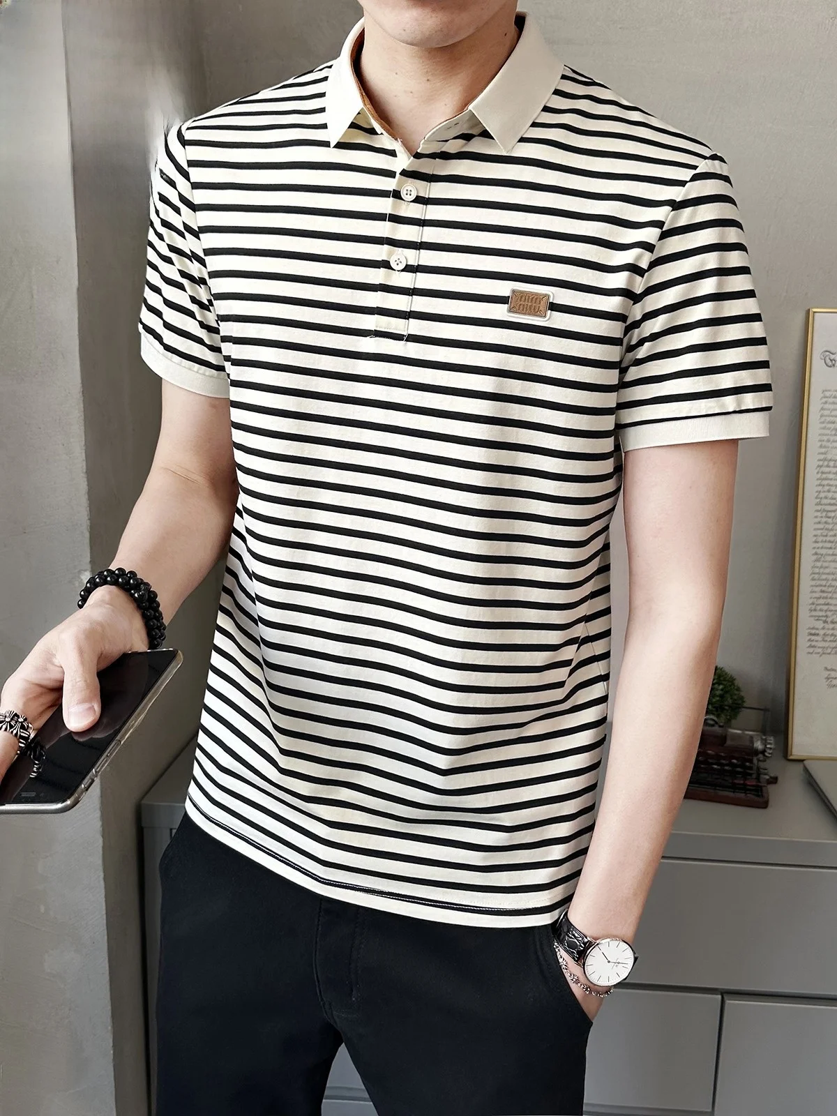 

Striped irt ort Sve Men's New 2025 Summer Trend Sulfur Cotton Collared T-irt Youth Faion Loose Fit