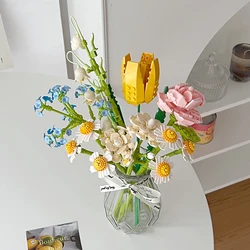 Simulation Building Blocks Flower Tulip Rose Sunflower Potted Bouquet Mini Flower Block DIY Children's Assembled Toy Girl Gift