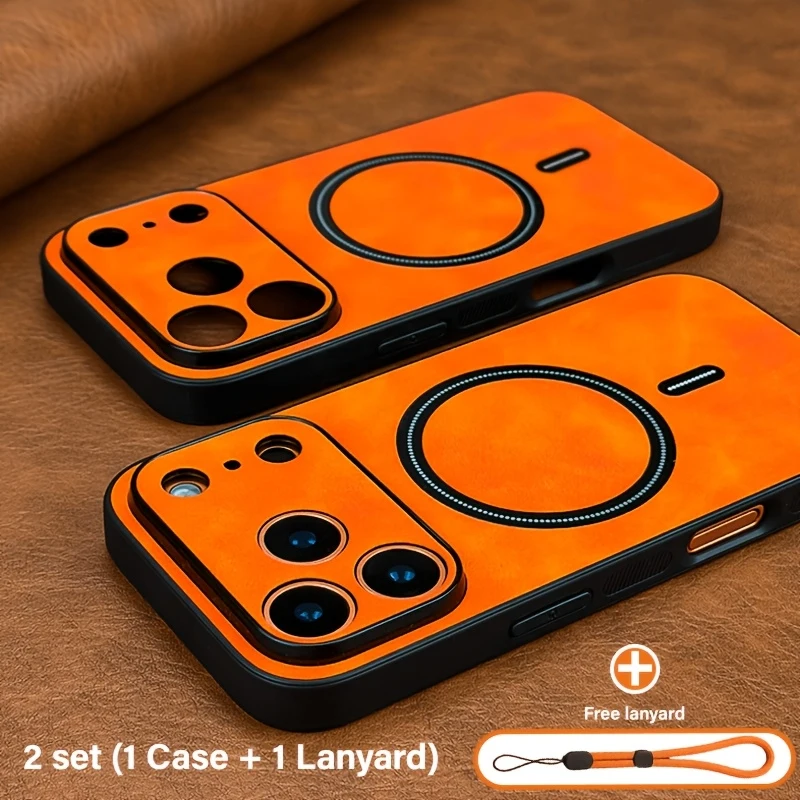 Handyhülle: (1 Hülle & 1 Lanyard) Orange PU-Leder Magnetische Hülle für iPhone 17 16 15 14 13 Pro Max Retro Business Stoßfeste Abdeckung