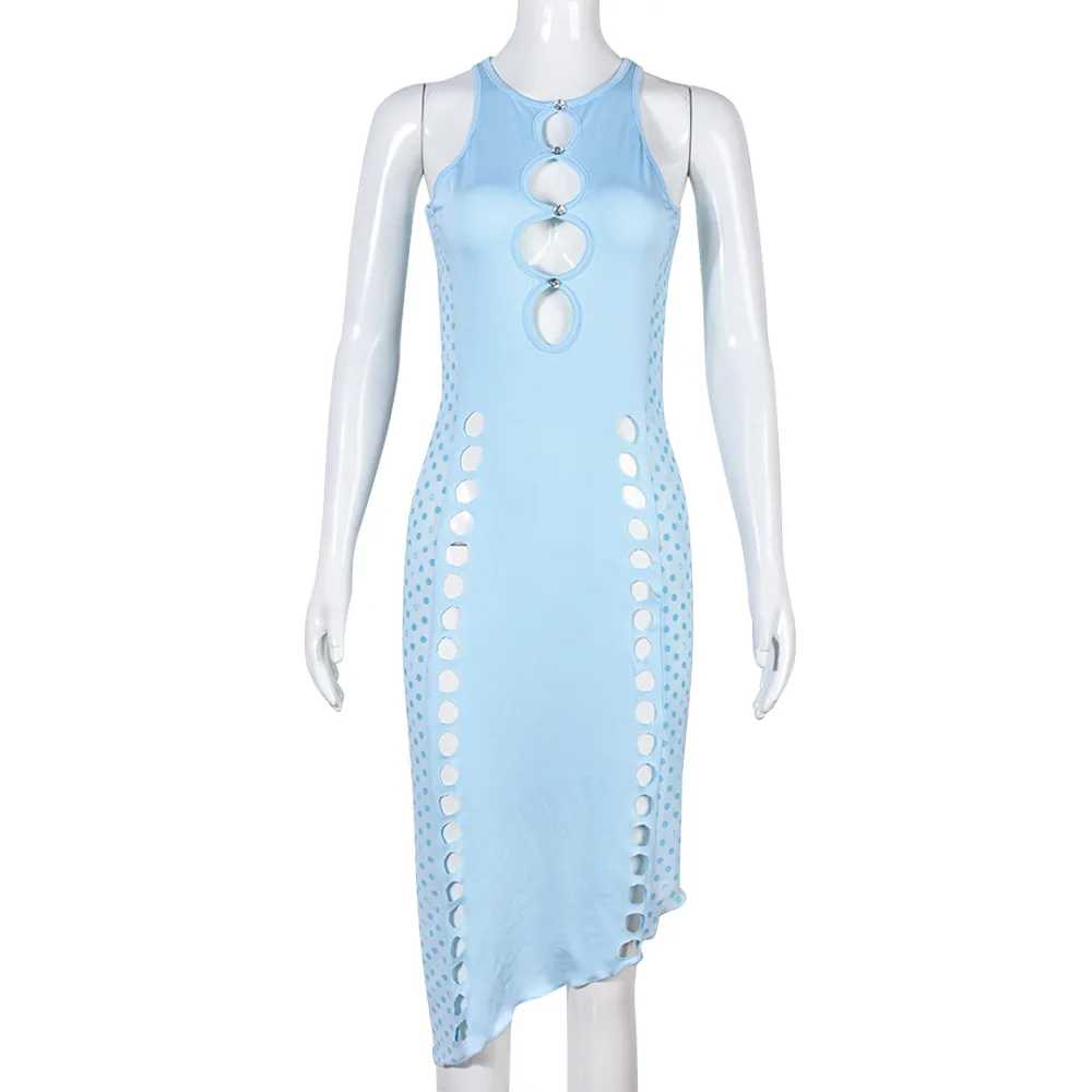 Nuevo vestido sin mangas europeo y americano con hombros descubiertos, acento de taladro de agua, vestido midi ajustado y Sexy