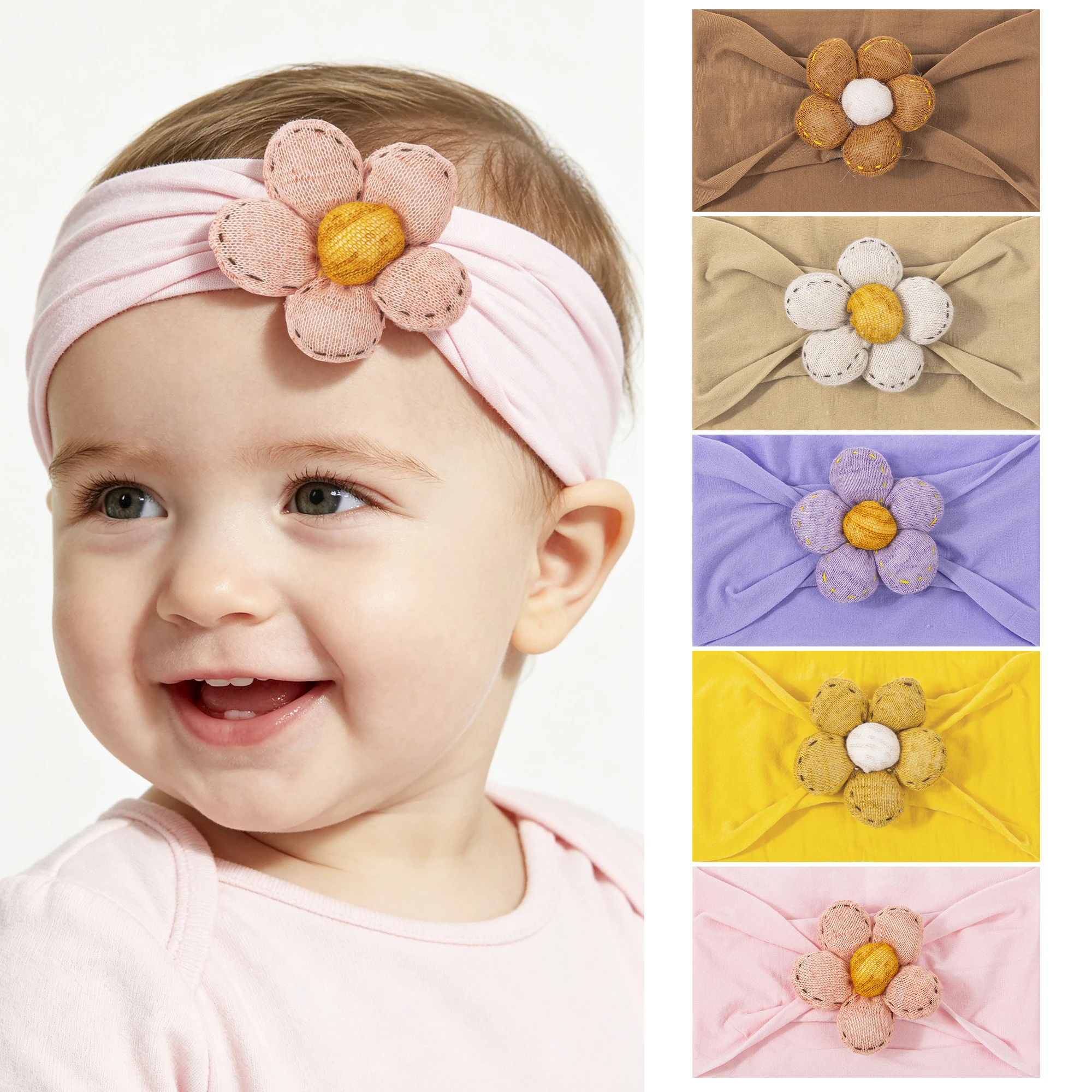1/5 pieces, baby girl flower hair band, soft nylon elastic hair band, hand-made linen flower hair ornaments for newborn babies