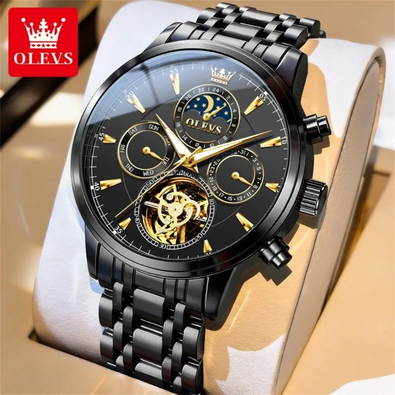 OLEVS Brand Fashion Multifunctional Moon Phase Mechanical Watch Men Stainless Steel Waterproof Week Date Tourbillon Watches Mens