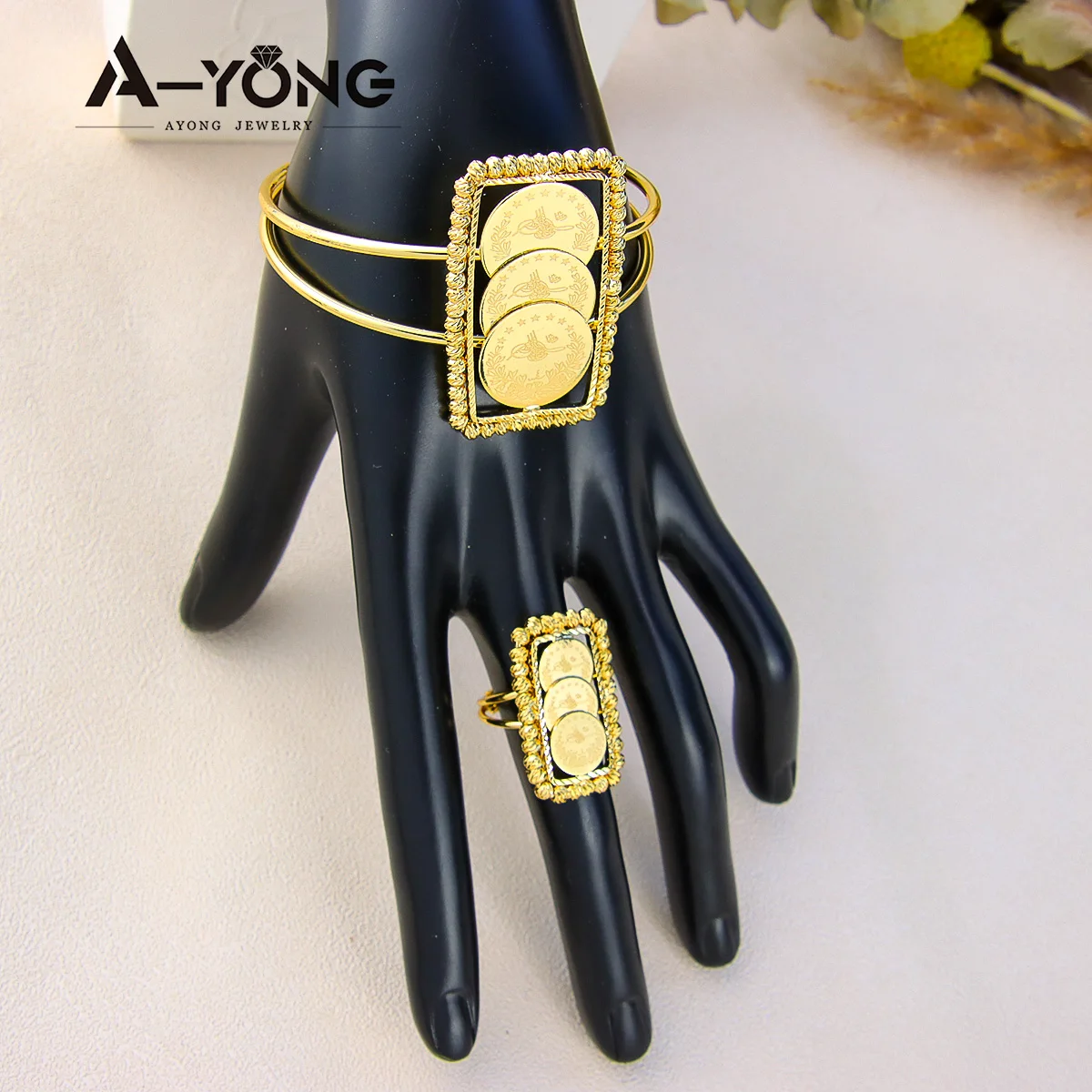 Arabisches Mode-Münzschmuckset 21k Vergoldet Türkische Vintage-Armreifen Ringe Kurdischer Brautschmuck für Frauen Vintage-Partyschmuck – Detail 6