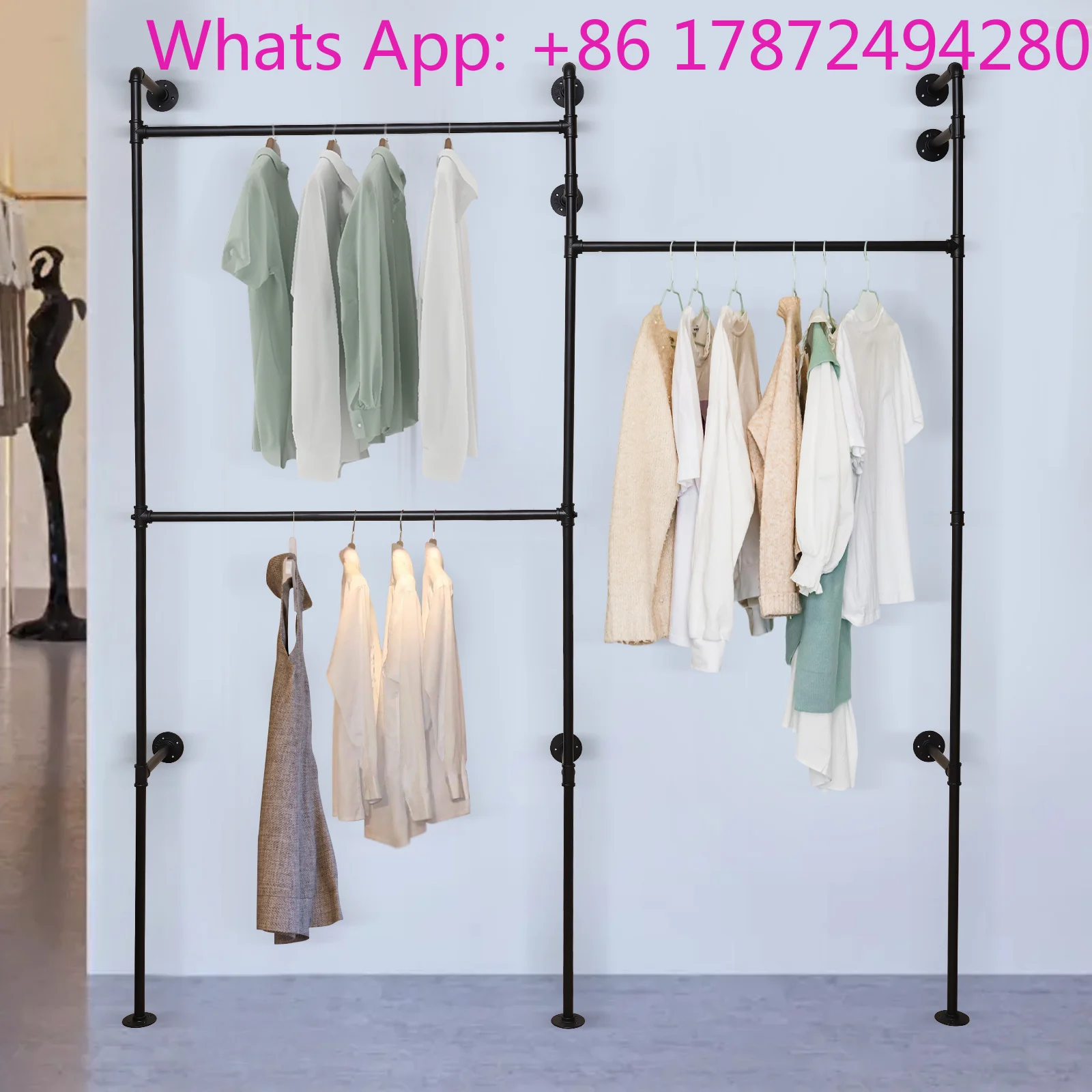 Best Quality Product  Wall Mounted Commerial Industrial Pipe Clothing Rack Rod Garment Pipeline Vintage Display Rack