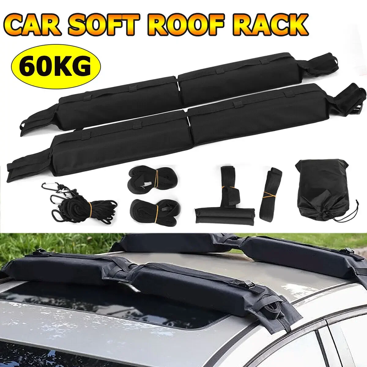 Universal Car Top Roof Soft Rack Black 600D Oxford Cross Bars Kayak Holder Luggage Carrier