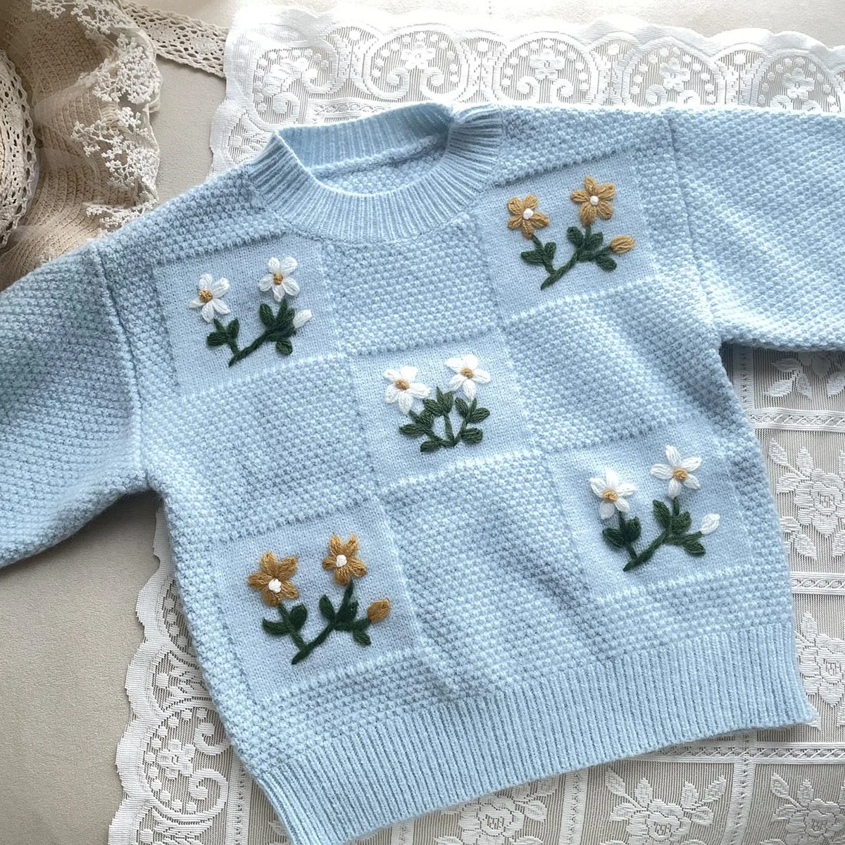 Children's Blue Hand-embroidered Sweater Little Girl's Fashionable Knitted Pullover Spring and Autumn Korean Spring Clothing