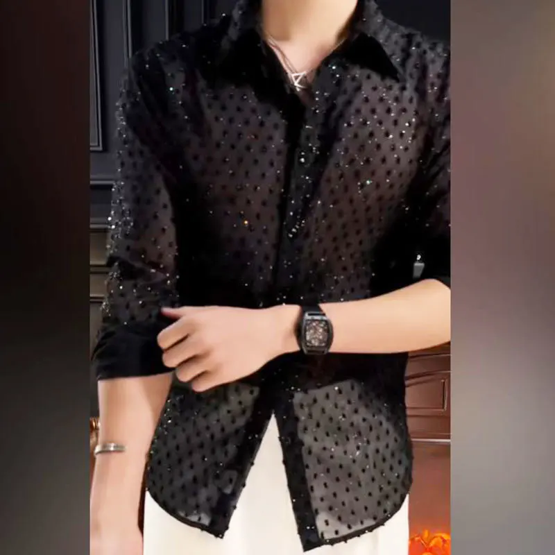 2023 Fall Vintage Fashion Black Dress Shirt Man Shirt Men\'s Hollow Mesh Lace Long Sleeve Loose Casual Shirts Male Streetwear