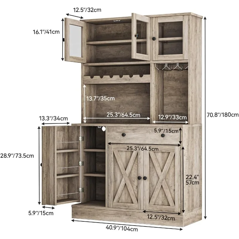 71''H Kitchen Pantry Storage Cabinet with Power Outlet,Doors, Shelves & Drawer, Buffet Cabinet with Goblet Holder and Wine Rack