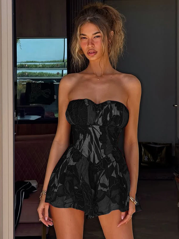 kliou Colorful Printed Women Mini Dress Fashion Strapless A-line Ruched Hotsweet Bodycon Mujer Y2K Festival Sexy Hot Vestidos