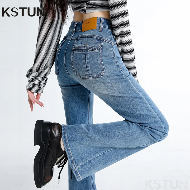 

KSTUN 2026 Stretch High Waisted Flared Pants Women's Bootcut Jeans Fashion Flap Pockets Design Chic Hot Girls Slim Denim Pants