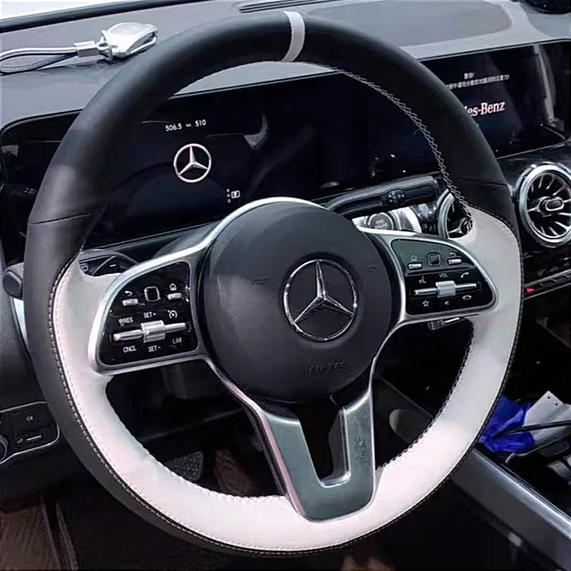 For Mercedes Benz E300 GLS450 GLE GLC260 GLB GLA200 Manual Sewing Car Steering Wheel Covers Car Accessories Genuine Leather