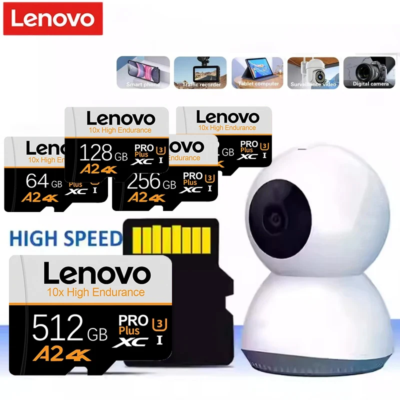 Cartão de Memória Micro TF SD Extra Grande Lenovo, Cartões SD TF de 512GB, 64GB, 32GB, Durabilidade Prolongada para PC / Mac / Gravador de Vídeo