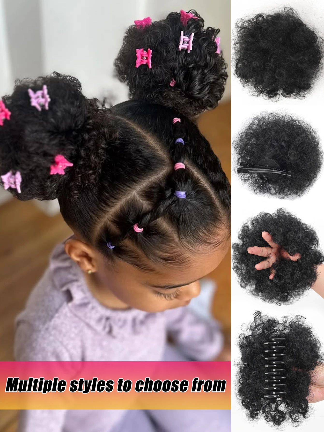 

Synthetic Afro Puff Clip On Hair Bun For Kids 2Pcs/1Pc Small Kinky Curly Ponytail Extension For Little Girls Repeated Use Hairpi