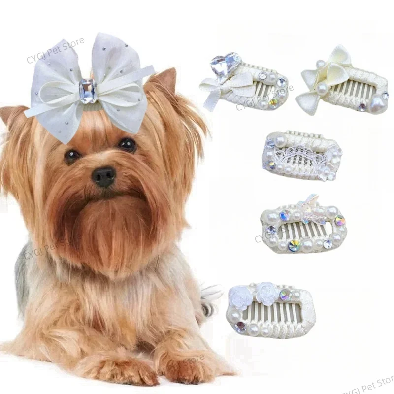 Cute Pet BB Clip Beige Bright Diamond Pet Hair Accessories Handmade Bow Hair Clip for Yorkshire Bichon Teddy Dog Accessories