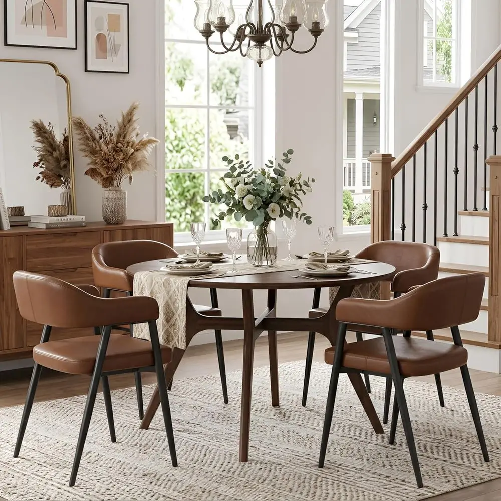

Mid-Century Modern Brown Leather Barrel Dining Chairs Set of 4 with Metal Legs