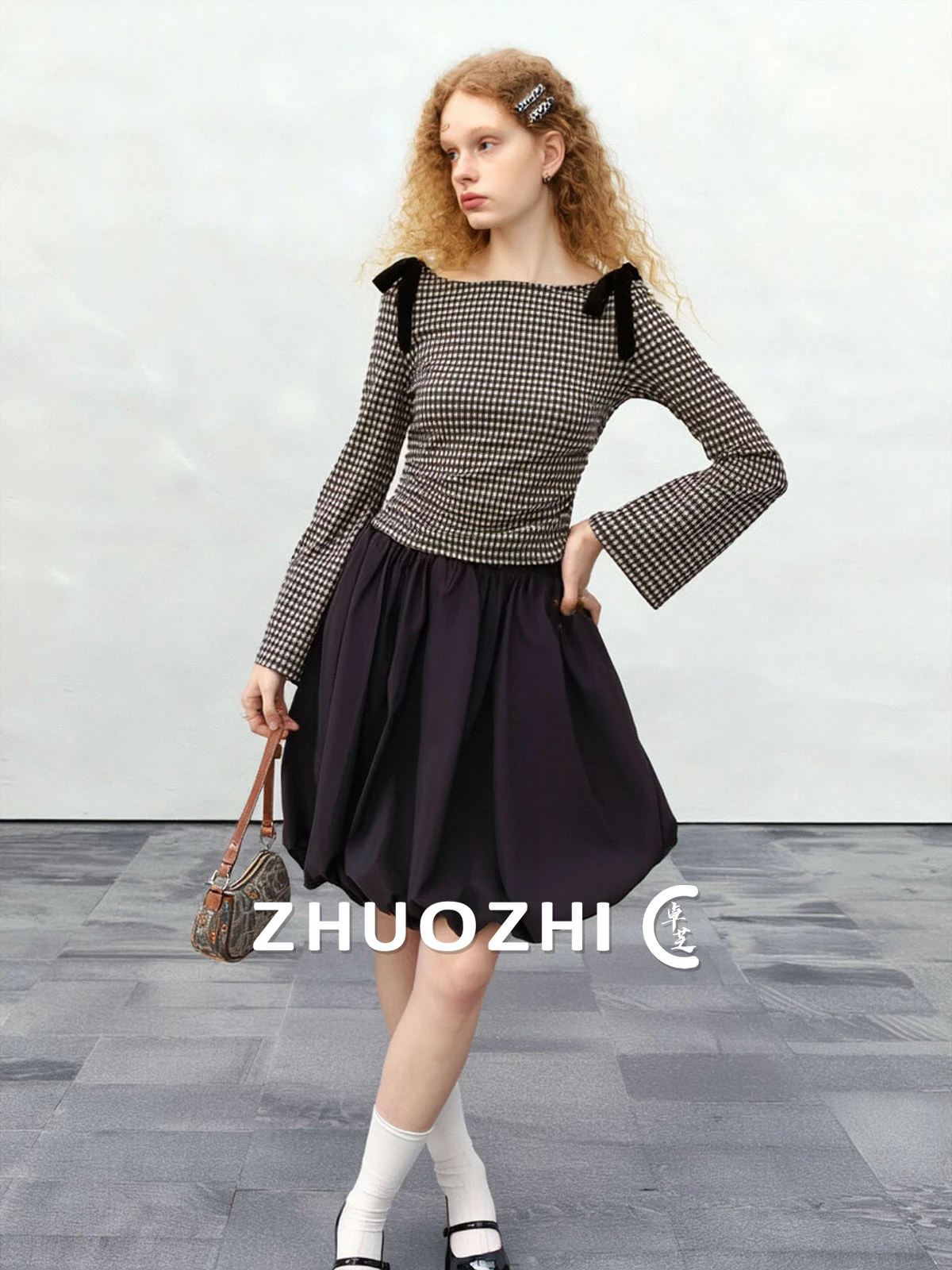 

Retro Plaid Knot Shirt Commute Flared Sleeve Top Elegant Casual Spring New Arrival Women's Fashion Shirt