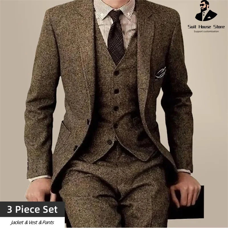 

Elegant Men's Suits 3 Piece Set Full Jacket Vest Pants Classic Herringbone Business Groom Wedding Dresses Banquet Man Costume