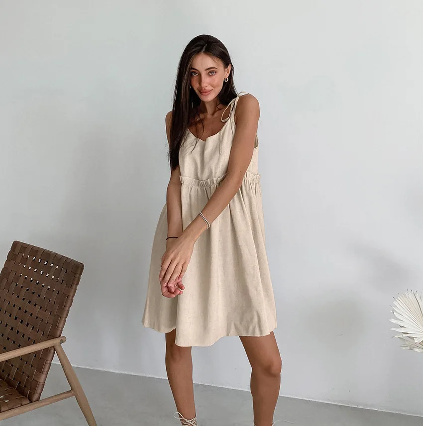 

Casual Loose Suspender Dress Solid Color Cotton Linen Spring Summer Solid Color Beach Resort Style Backless A-line Strappy Dress